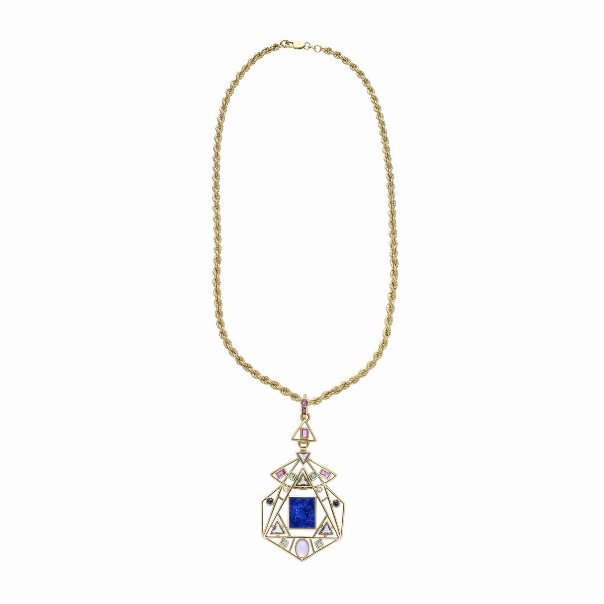 Collana torchon e pendente in oro giallo, lapislazzulo, tormaline, diamanti, smeraldi e pietra di...