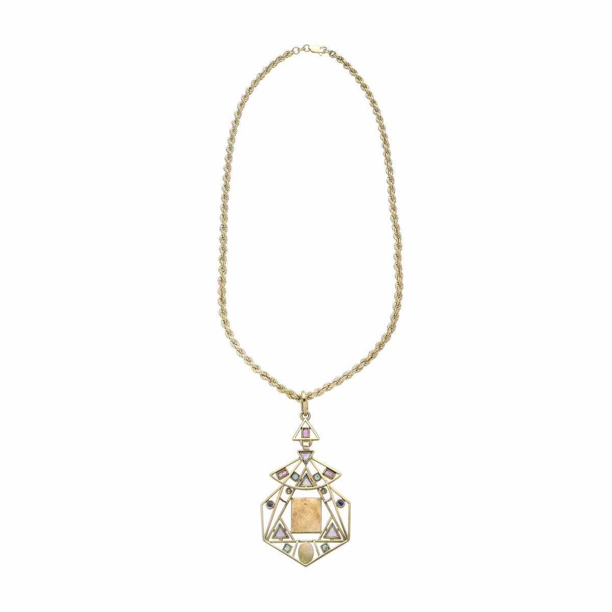 Collana torchon e pendente in oro giallo, lapislazzulo, tormaline, diamanti, smeraldi e pietra di...