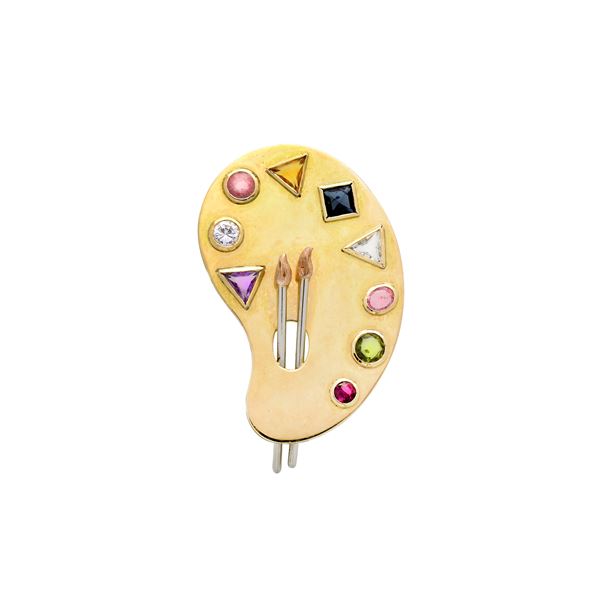 Large painter's palette clip in yellow gold, rose gold, diamonds, pink and green tourmaline and quar