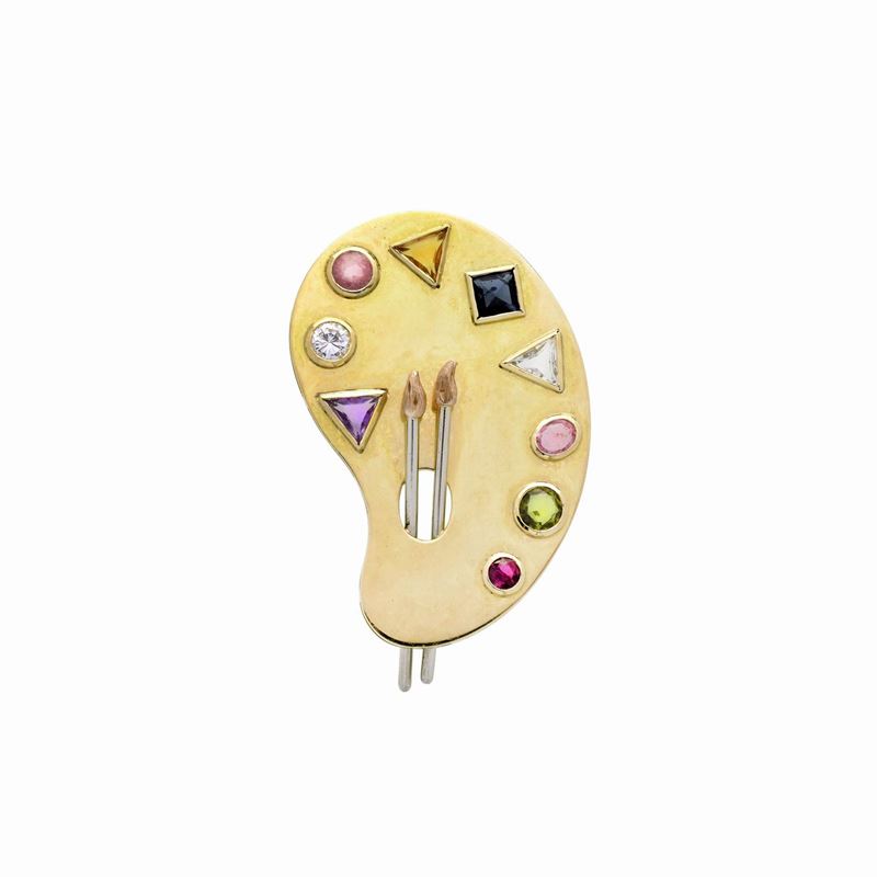 Grande clip tavolozza del pittore in oro giallo, oro rosa, diamanti, tormalina rosa e verde e qua...