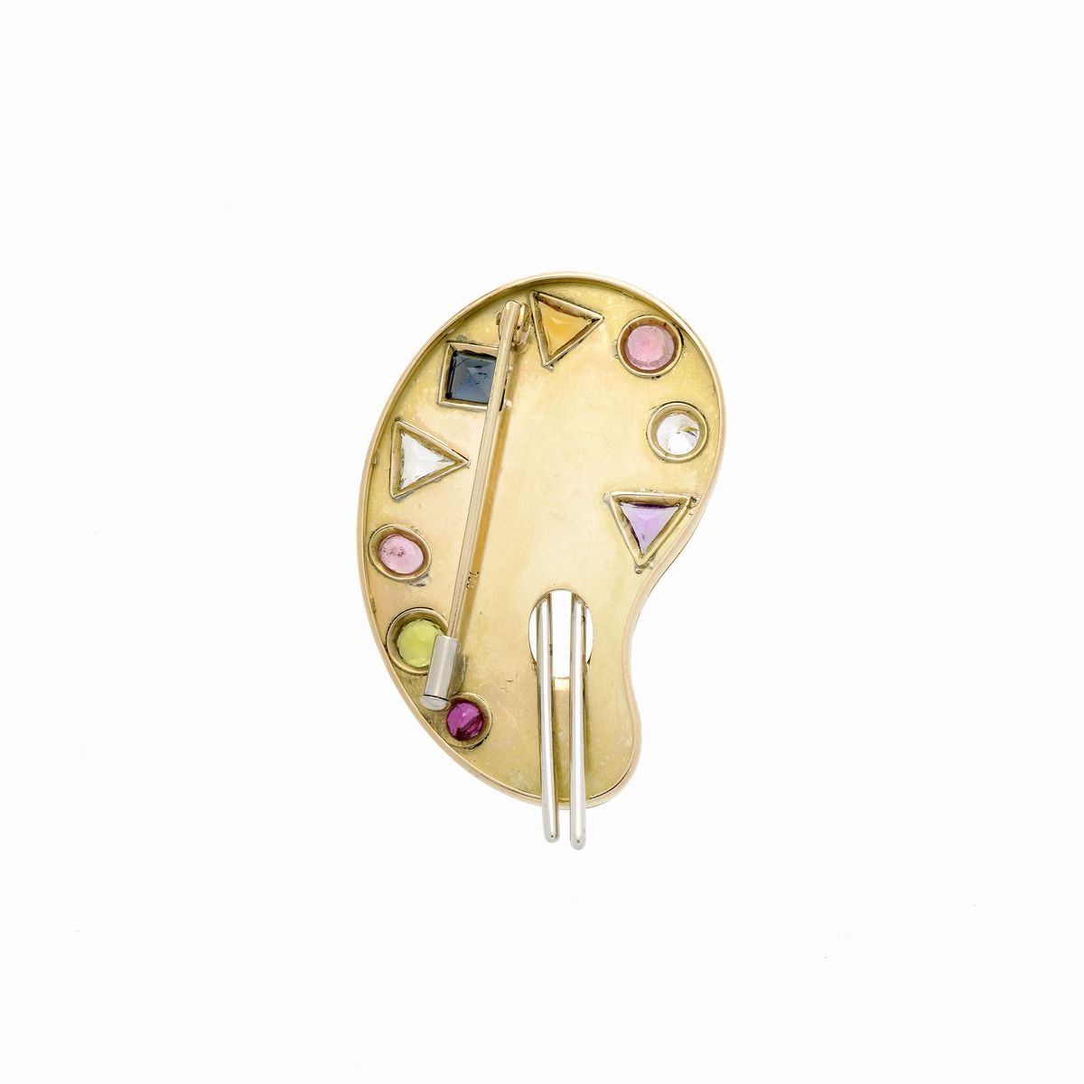 Grande clip tavolozza del pittore in oro giallo, oro rosa, diamanti, tormalina rosa e verde e qua...