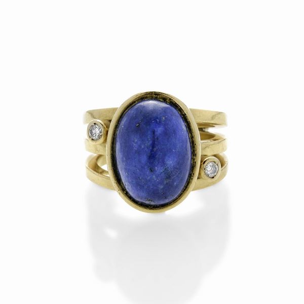 Anello da mignolo in oro giallo, diamanti e lapislazzulo