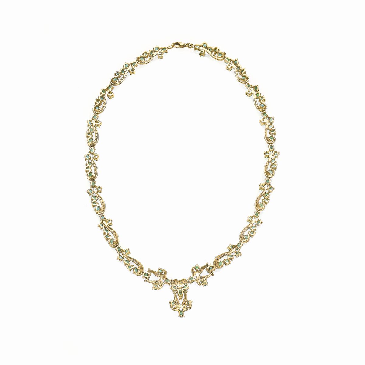 Collier in oro giallo, diamanti e smeraldi
