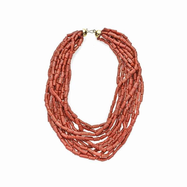 Grande collana millefili in oro giallo e corallo rosso