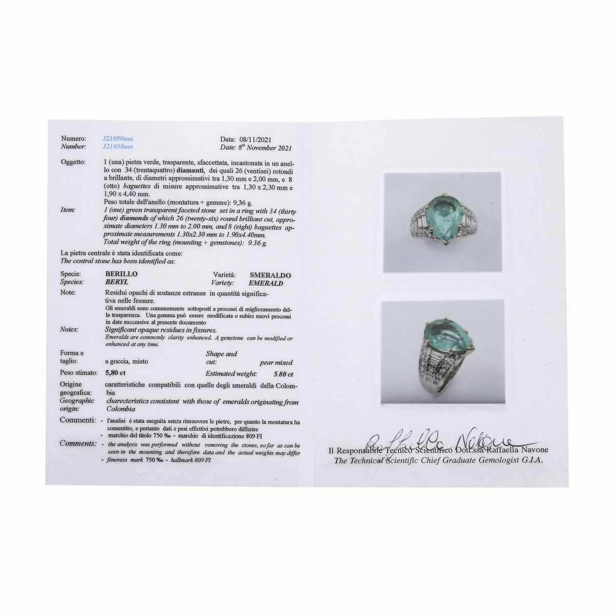 Grande anello in oro bianco, oro giallo, diamanti e smeraldo Colombiano