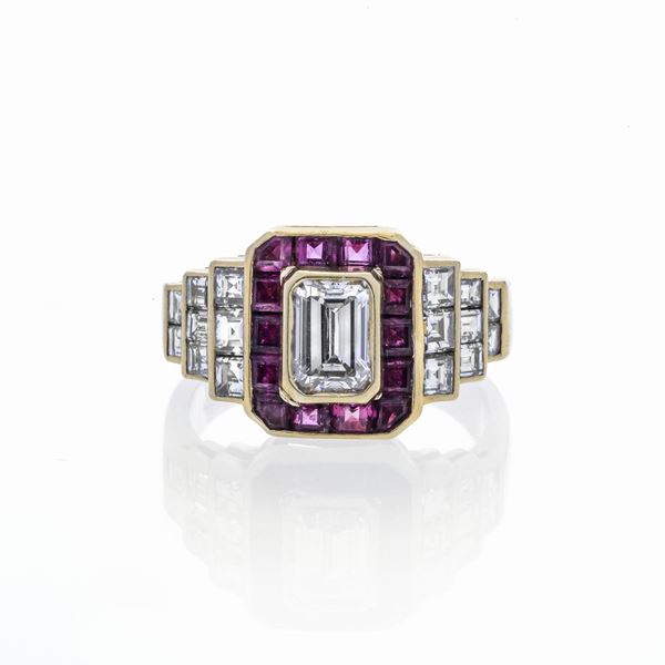 Ring in yellow gold  with rubies and diamonds