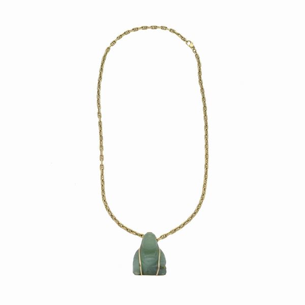 Chain with Buddha in green jade and yellow gold