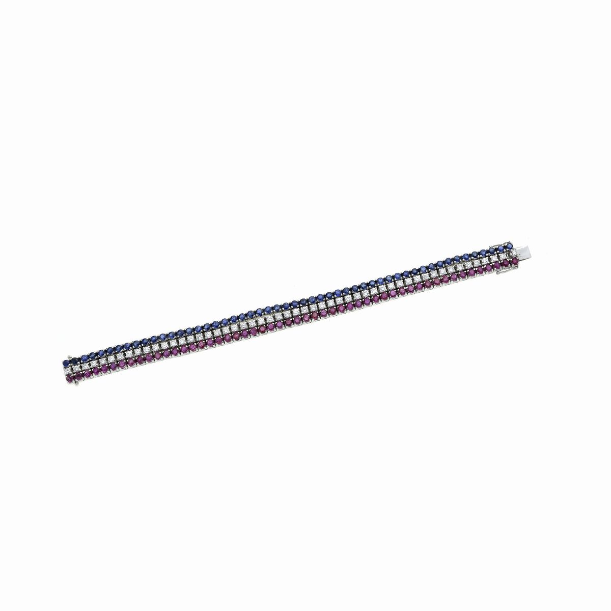 Bracciale tennis in oro bianco, rubini, diamanti e zaffiri