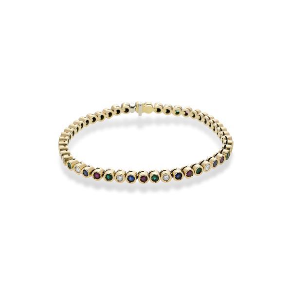 Multicolor tennis bracelet in yellow gold, diamonds, emeralds, rubies and sapphires