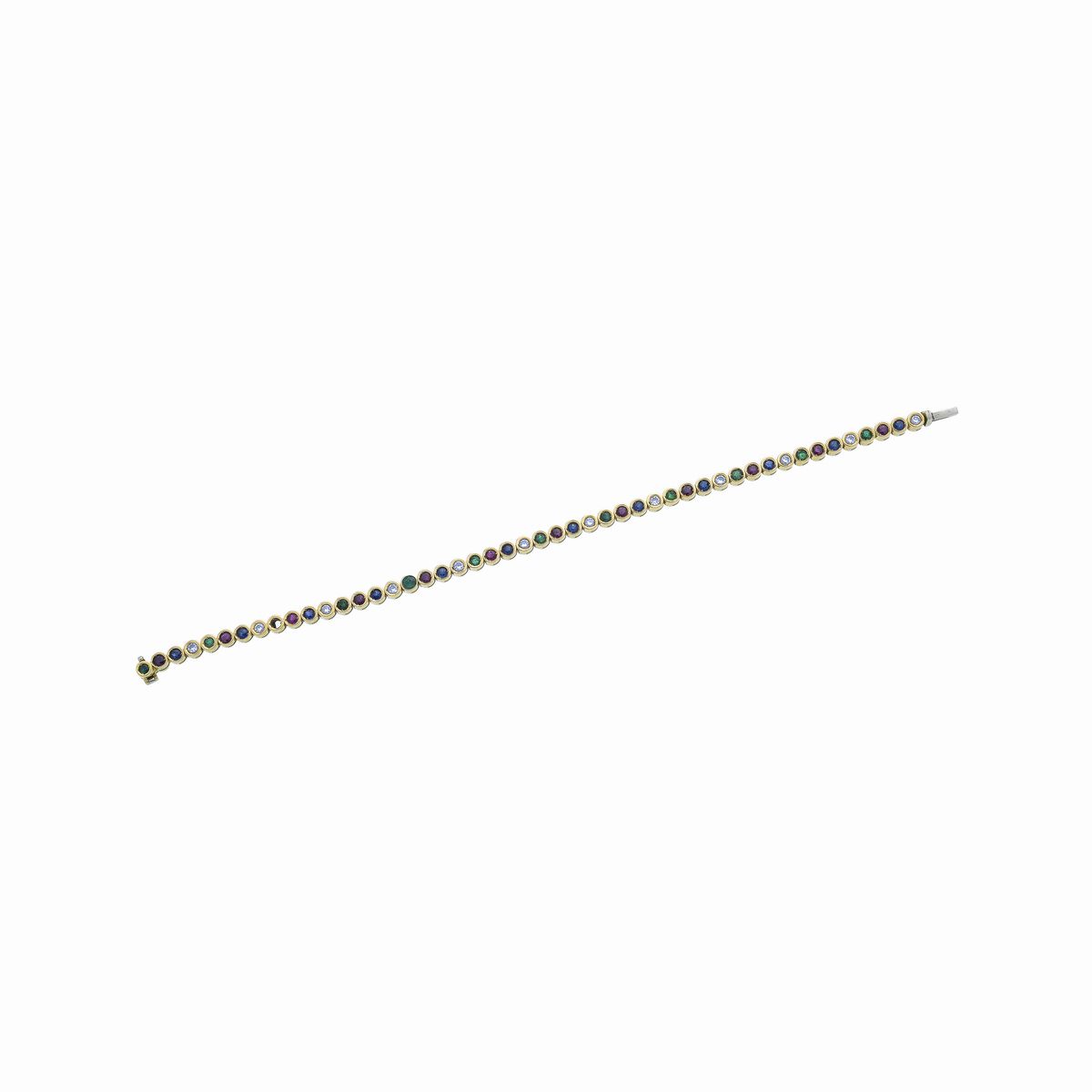 Bracciale tennis multicolor in oro giallo, diamanti, smeraldi, rubini e zaffiri