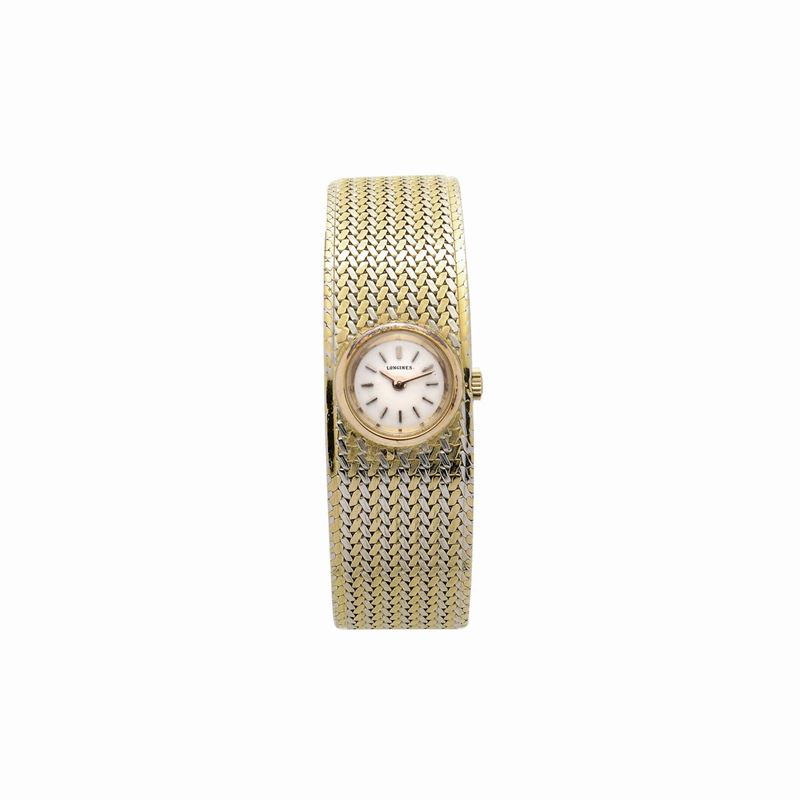 Bracciale-orologio da signora in oro giallo e oro bianco, Longines