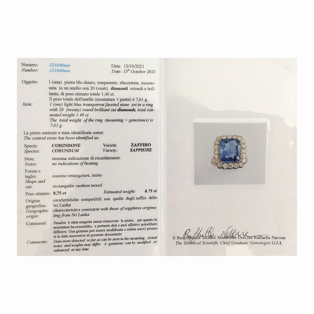 Anello a margherita in oro bianco, diamanti e zaffiro naturale Ceylon