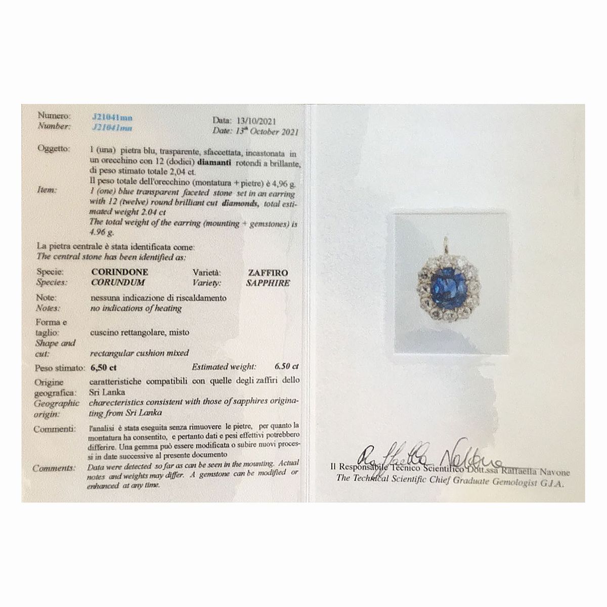 Orecchino in oro bianco, diamanti e zaffiro Ceylon naturale