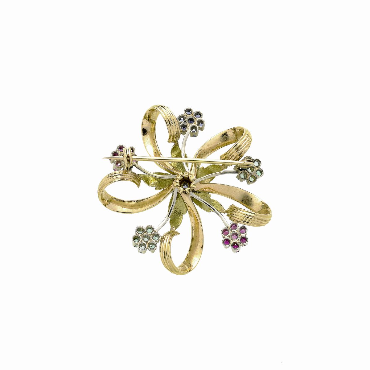Spilla floreale in oro giallo, zaffiri, rubini e smeraldi