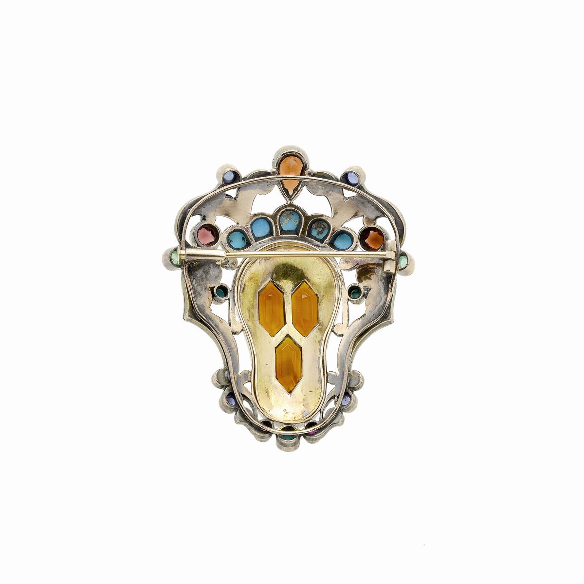 Spilla in Oro Bianco, Smalto Blu, Turchese, Granato, Quarzo Arancione, Zaffiri e Smeraldi