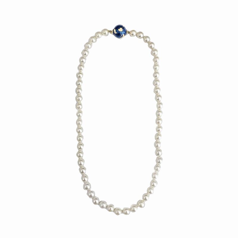 Filo di Perle Coltivate, Oro a 14 Kt e Smalto Azzurro