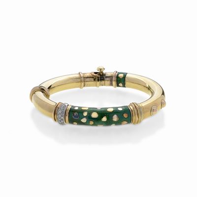 Bracciale Rigido in Oro Giallo, Diamanti e Smalto Verde la Nouvelle Bague