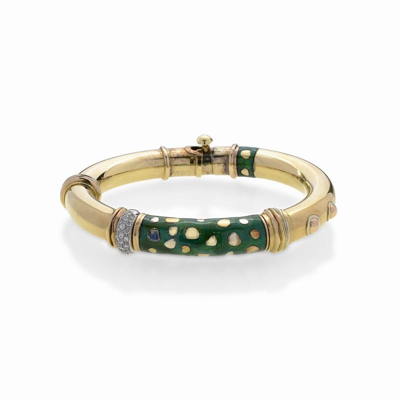 Bracciale Rigido in Oro Giallo, Diamanti e Smalto Verde la Nouvelle Bague