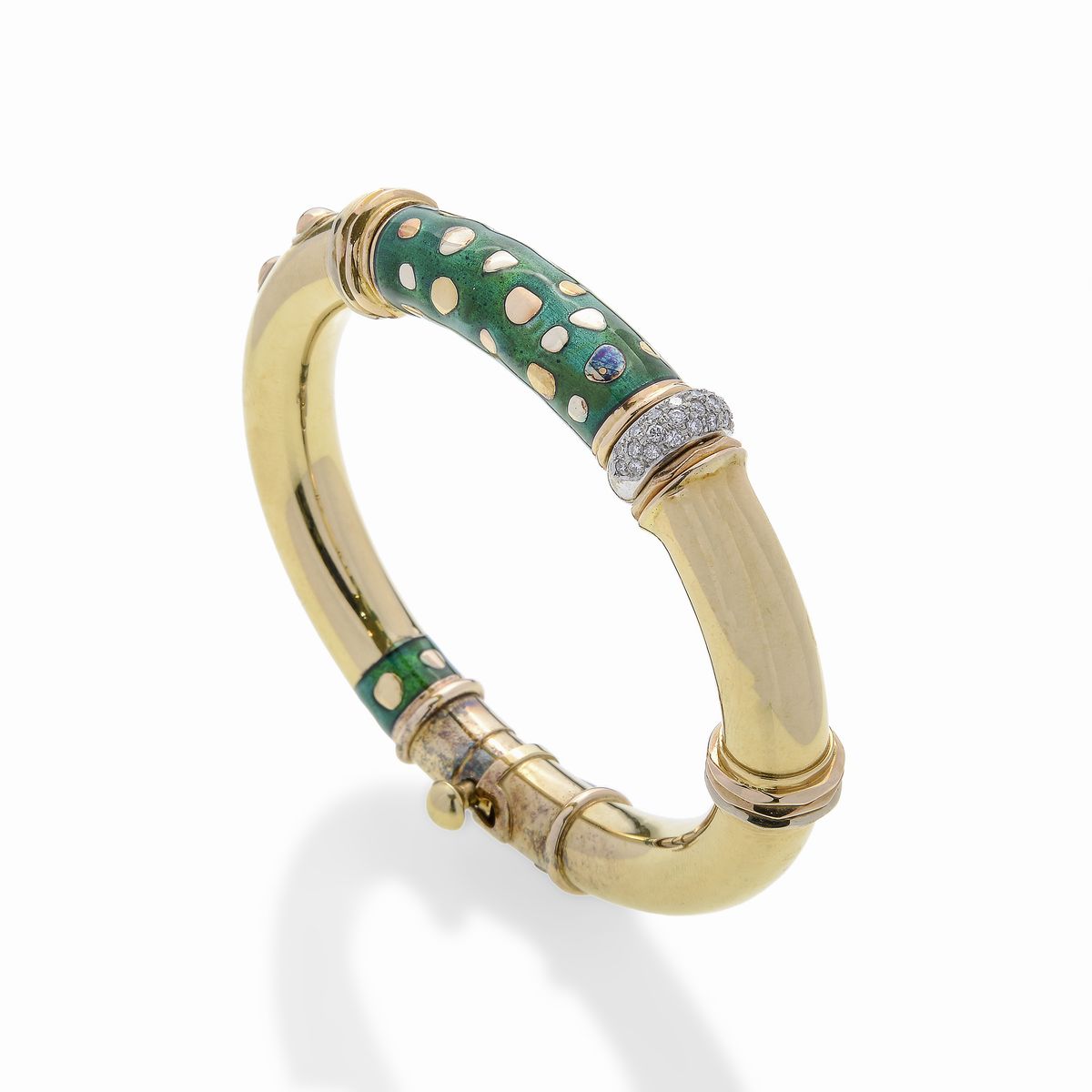 Bracciale Rigido in Oro Giallo, Diamanti e Smalto Verde la Nouvelle Bague