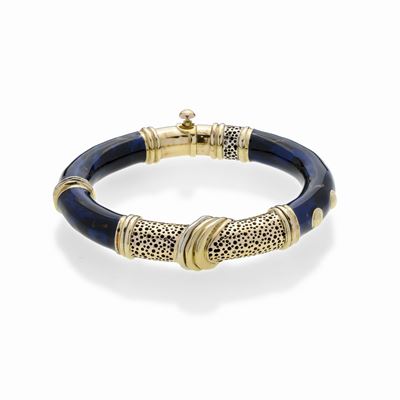 Bracciale Rigido in Oro Giallo e Smalto Blu la Nouvelle Bague