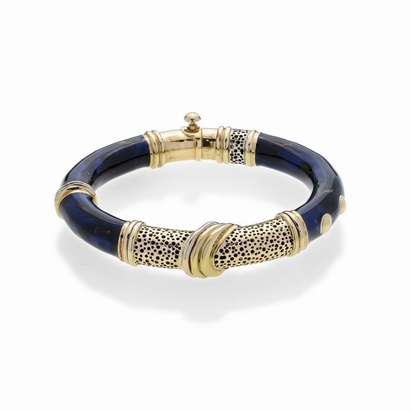 Bracciale Rigido in Oro Giallo e Smalto Blu la Nouvelle Bague