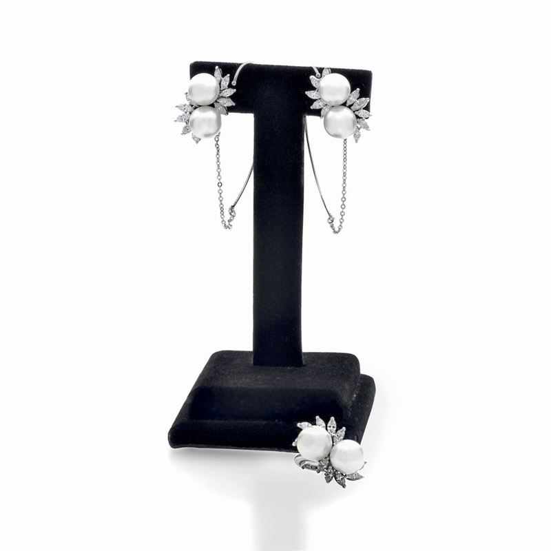 Parure in platino, oro bianco, diamanti e perle coltivate