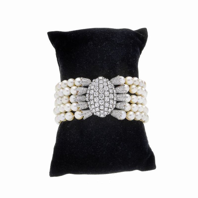 Bracciale in platino, diamanti e perle coltivate