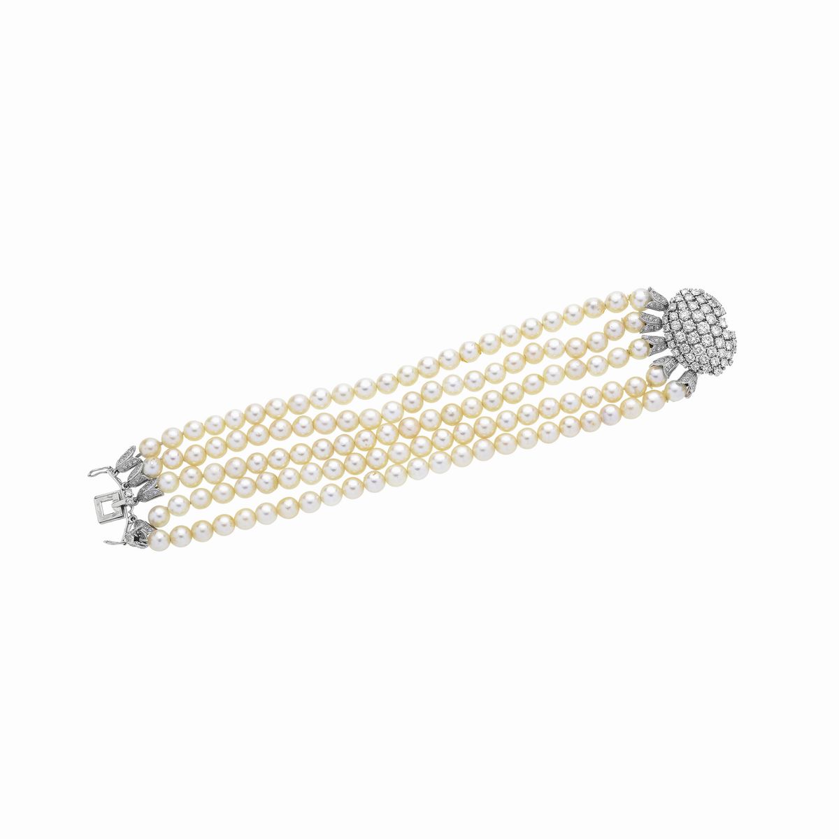 Bracciale in platino, diamanti e perle coltivate