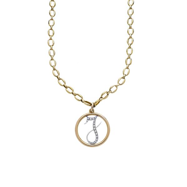 Long chain and pendant in yellow gold, white gold and diamonds