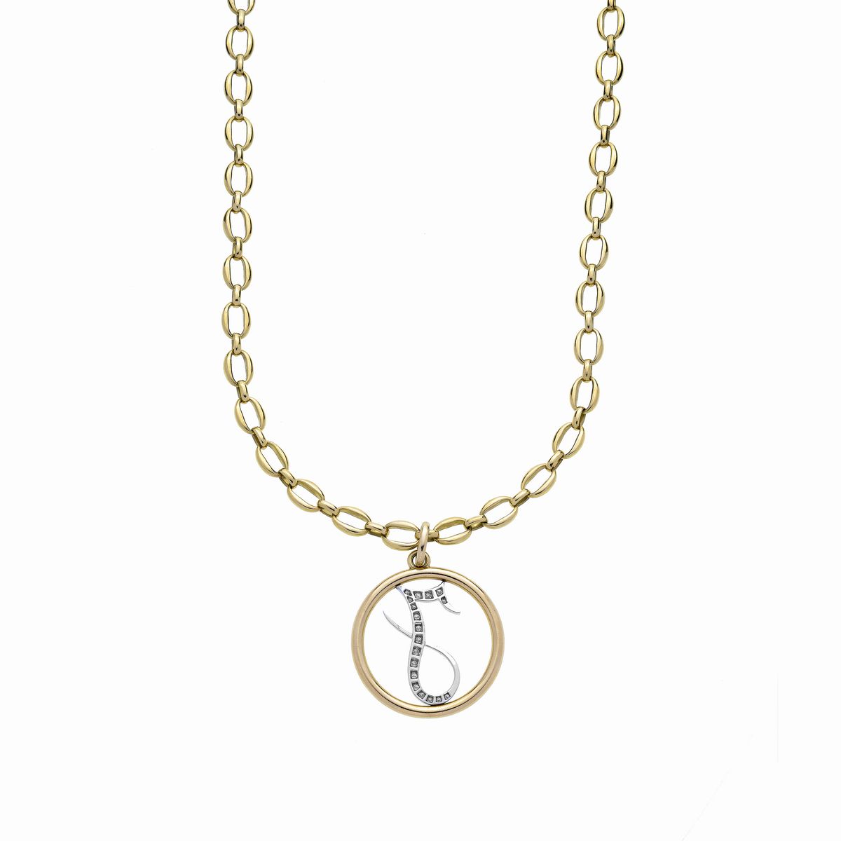 Lunga catena e pendente in oro giallo, oro bianco e diamanti