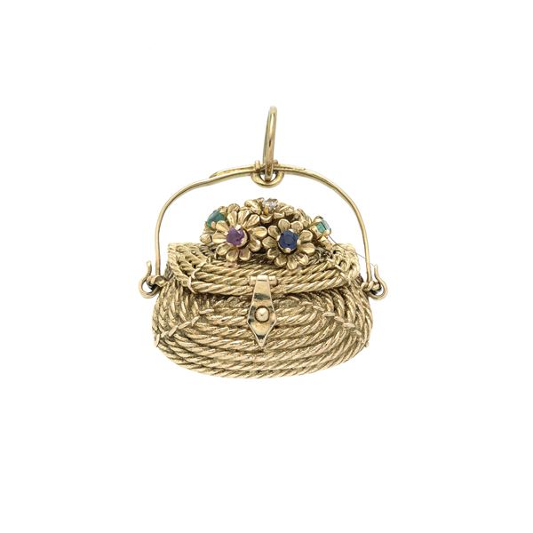 Basket pendant in yellow gold, emeralds, sapphires and rubies