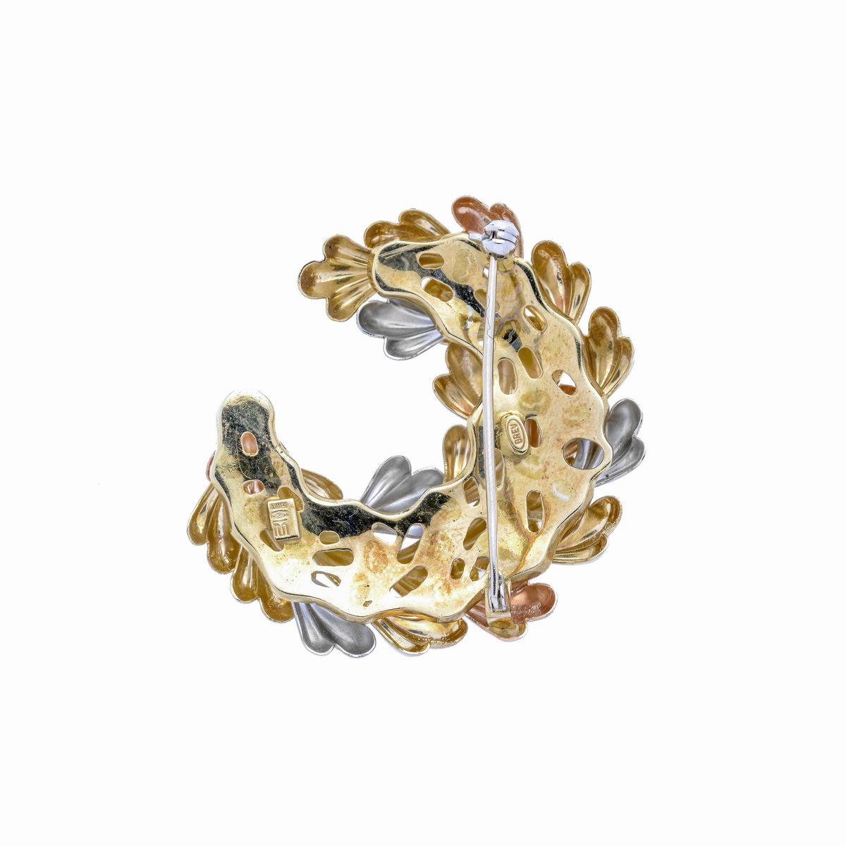 Spilla ghirlanda in oro giallo, oro bianco e oro rosa