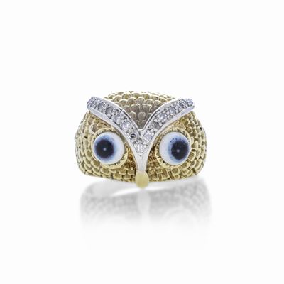 Anello Gufo in Oro 14 Kt, Oro Bianco e Diamanti