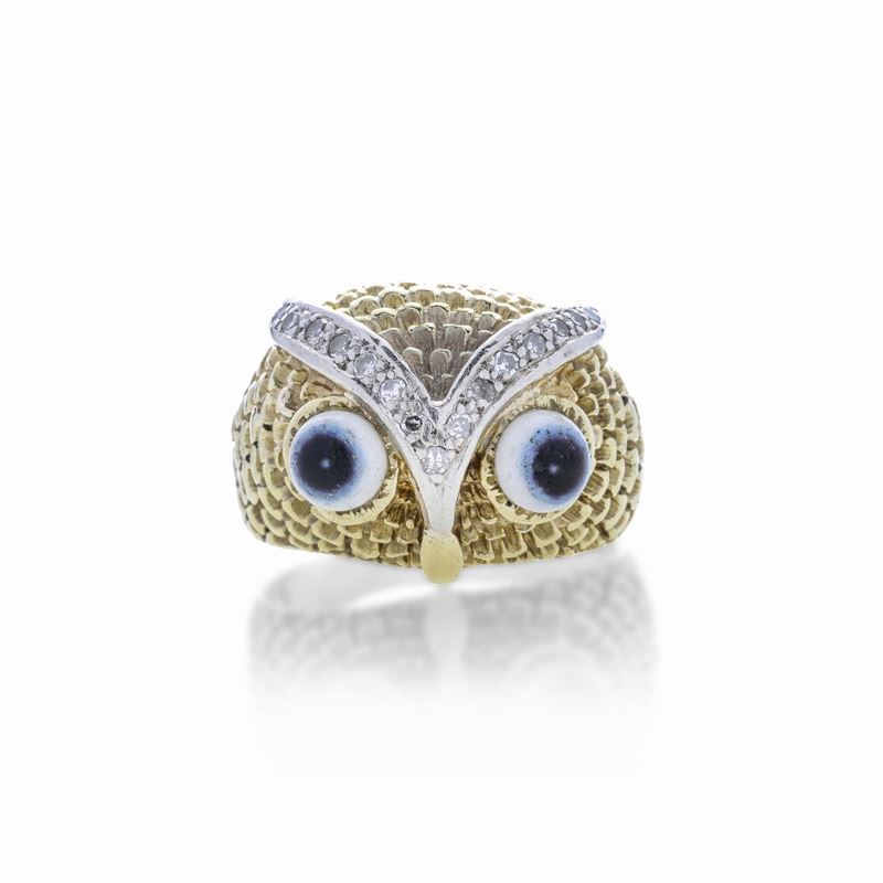 Anello Gufo in Oro 14 Kt, Oro Bianco e Diamanti