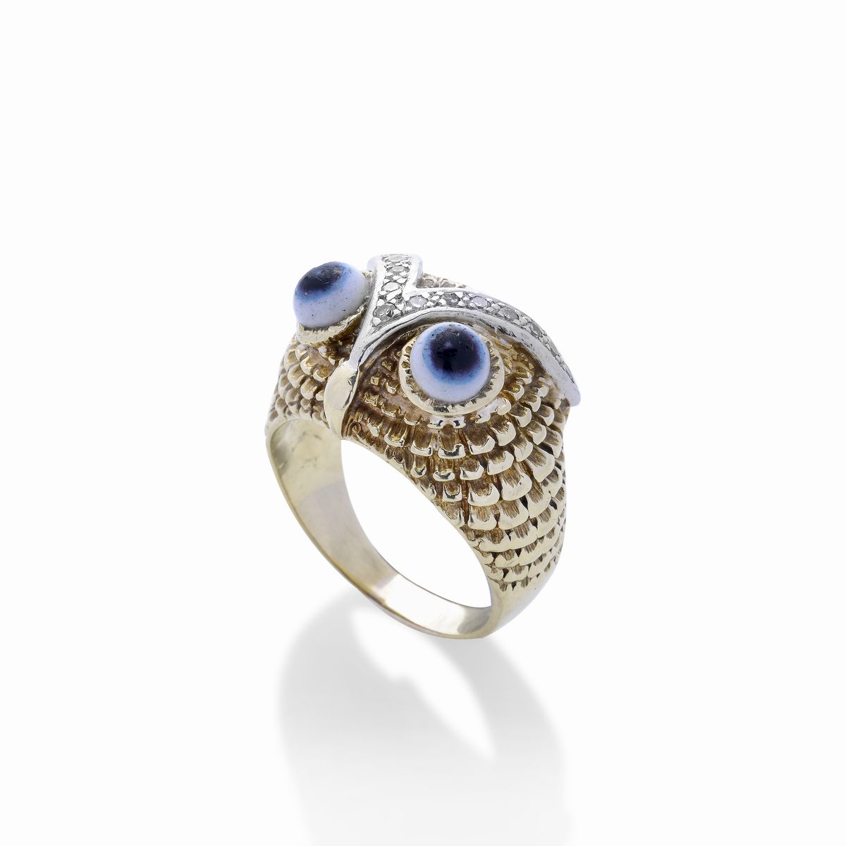Anello Gufo in Oro 14 Kt, Oro Bianco e Diamanti