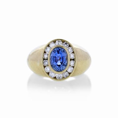 Anello da Uomo in Oro Giallo, Diamanti e Pietra Azzurra