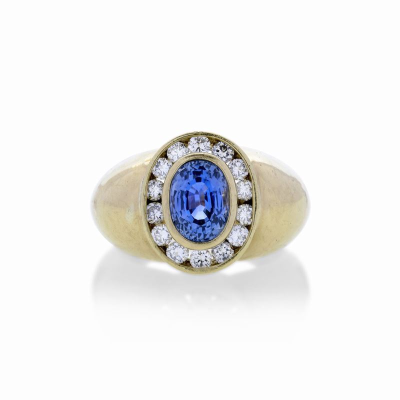 Anello da Uomo in Oro Giallo, Diamanti e Pietra Azzurra
