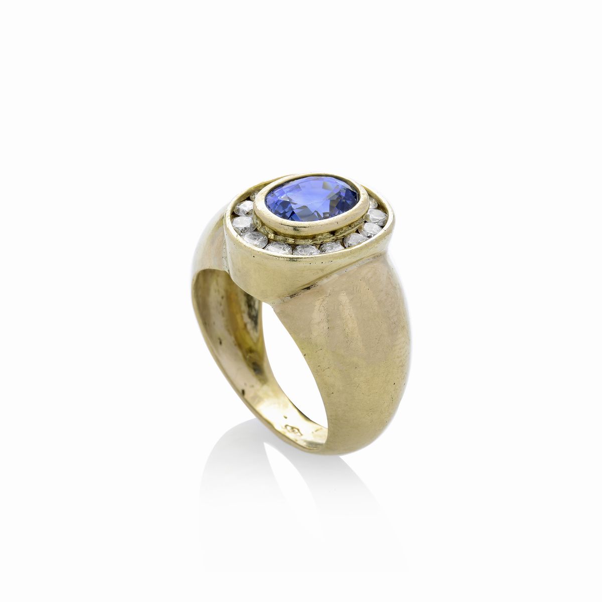 Anello da Uomo in Oro Giallo, Diamanti e Pietra Azzurra
