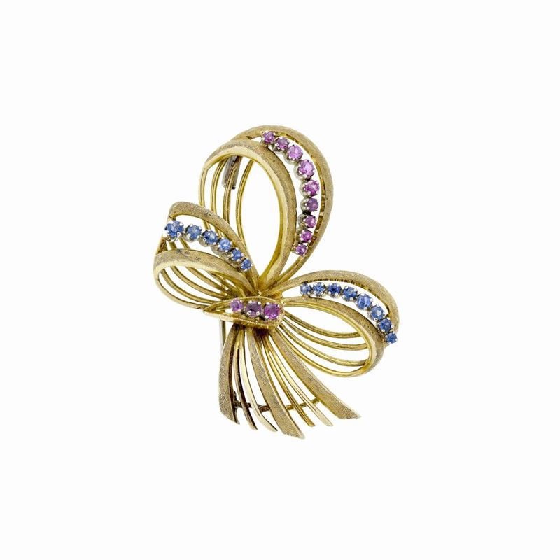 Spilla fiocco in oro giallo, zaffiri e rubini