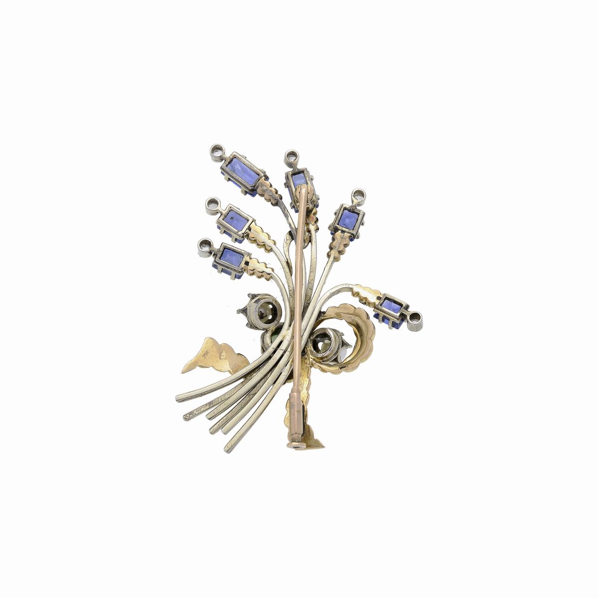 Spilla Fiori in Oro Giallo, Oro Bianco, Zaffiri, Diamanti, Perle e Tormalina Verde