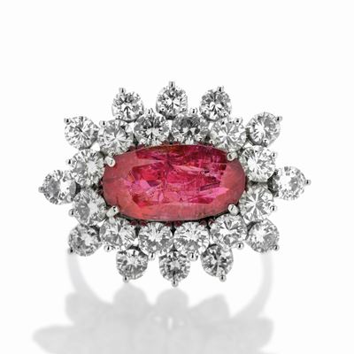 Anello a Margherita in Oro Bianco, Diamanti e Spinello Rosa Naturale
