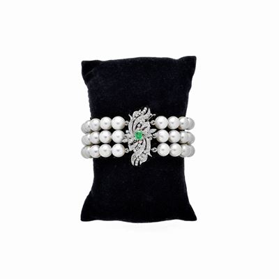Bracciale in Oro Bianco, Perle Coltivate, Smeraldi e Diamanti