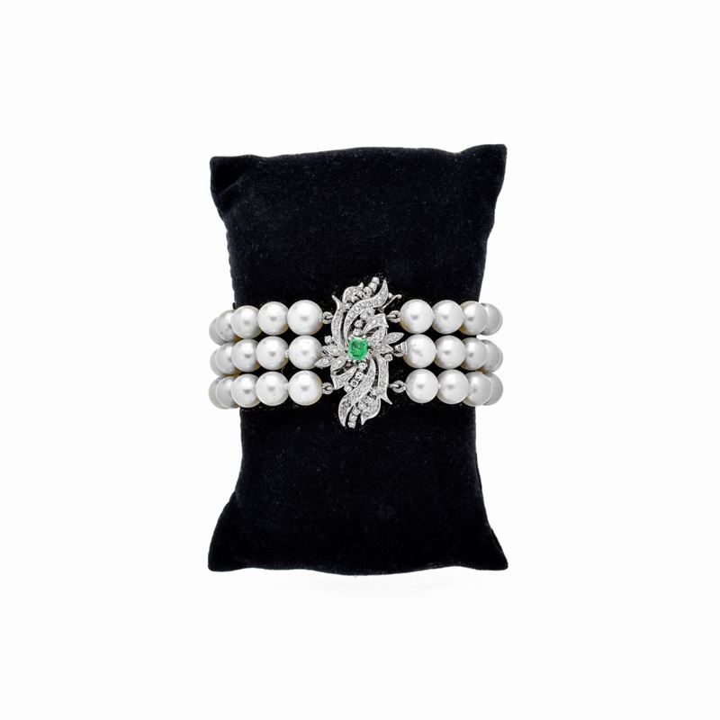 Bracciale in Oro Bianco, Perle Coltivate, Smeraldi e Diamanti