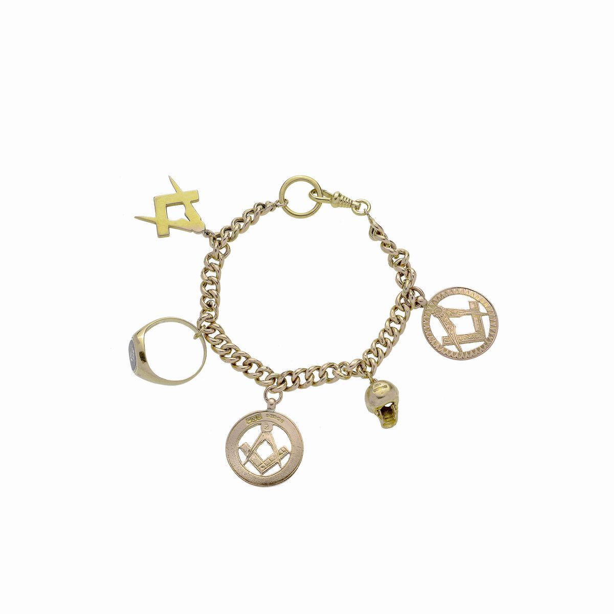 Bracciale in oro giallo, oro a basso titolo con cinque charms di ispirazione massonica