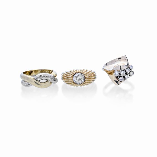 Lot of three rings in yellow gold, 14kt gold and diamonds