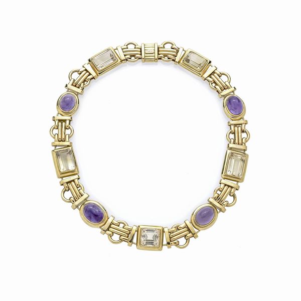 Necklace in yellow gold, amethyst and yellow quartz