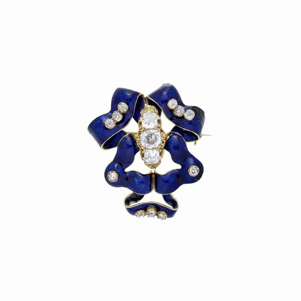 Ribbon brooch in yellow gold, diamonds and blue enamel