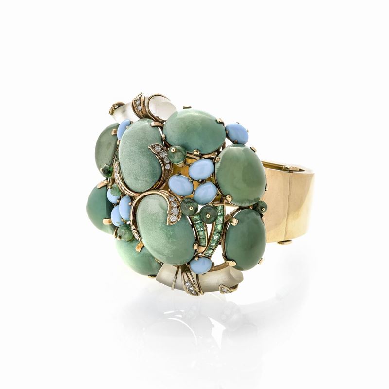 Grande bracciale in oro giallo, diamanti, cristallo di rocca, smeraldi e turchese David Webb