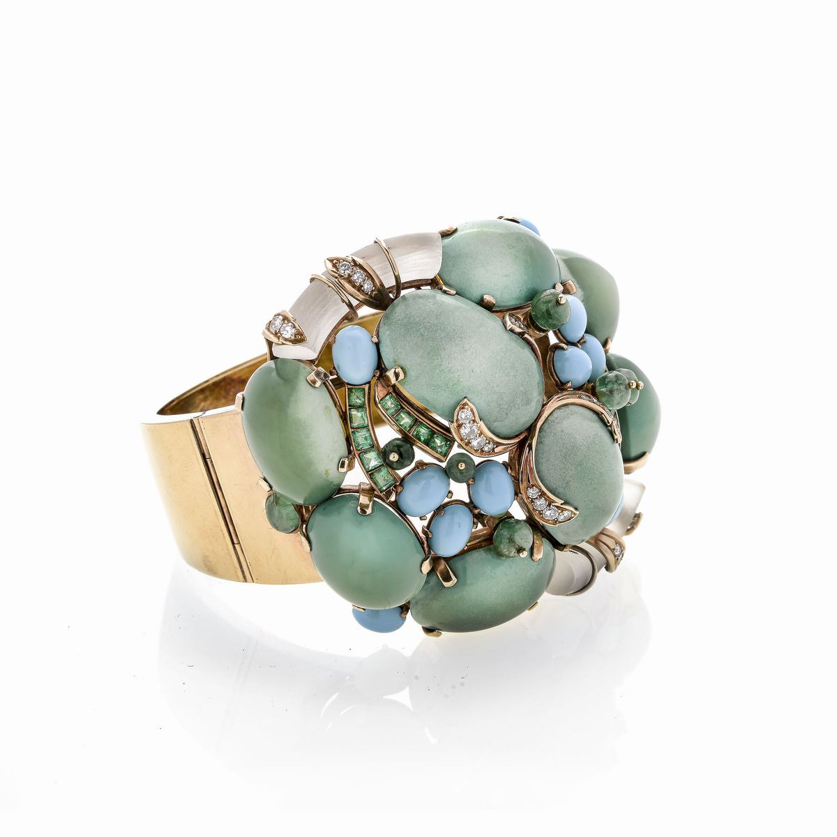Grande bracciale in oro giallo, diamanti, cristallo di rocca, smeraldi e turchese David Webb