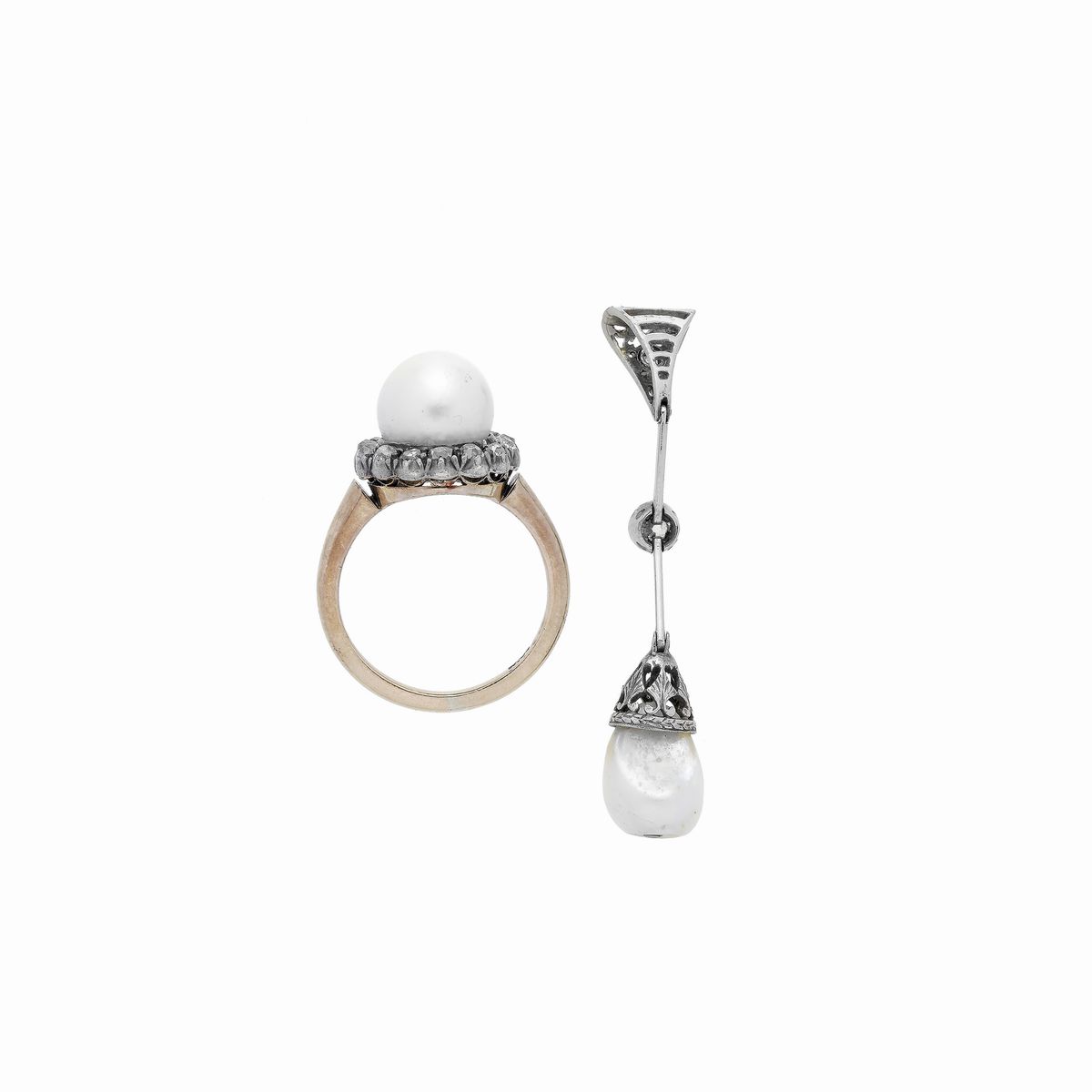 Pendente in platino e anello in oro a basso titolo, diamanti e perle